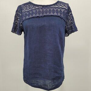 J. Crew Navy Linen Crochet Lace Shoulder Top